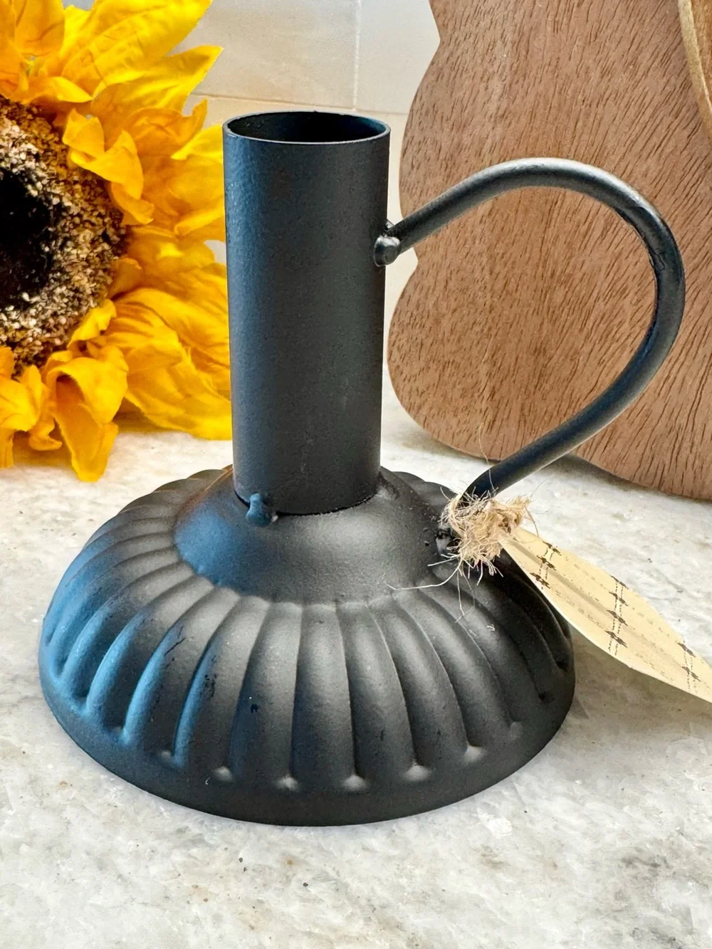 New Rustic Style Matte Black Fluted Metal Taper Candle Holder w/ Arched Handle